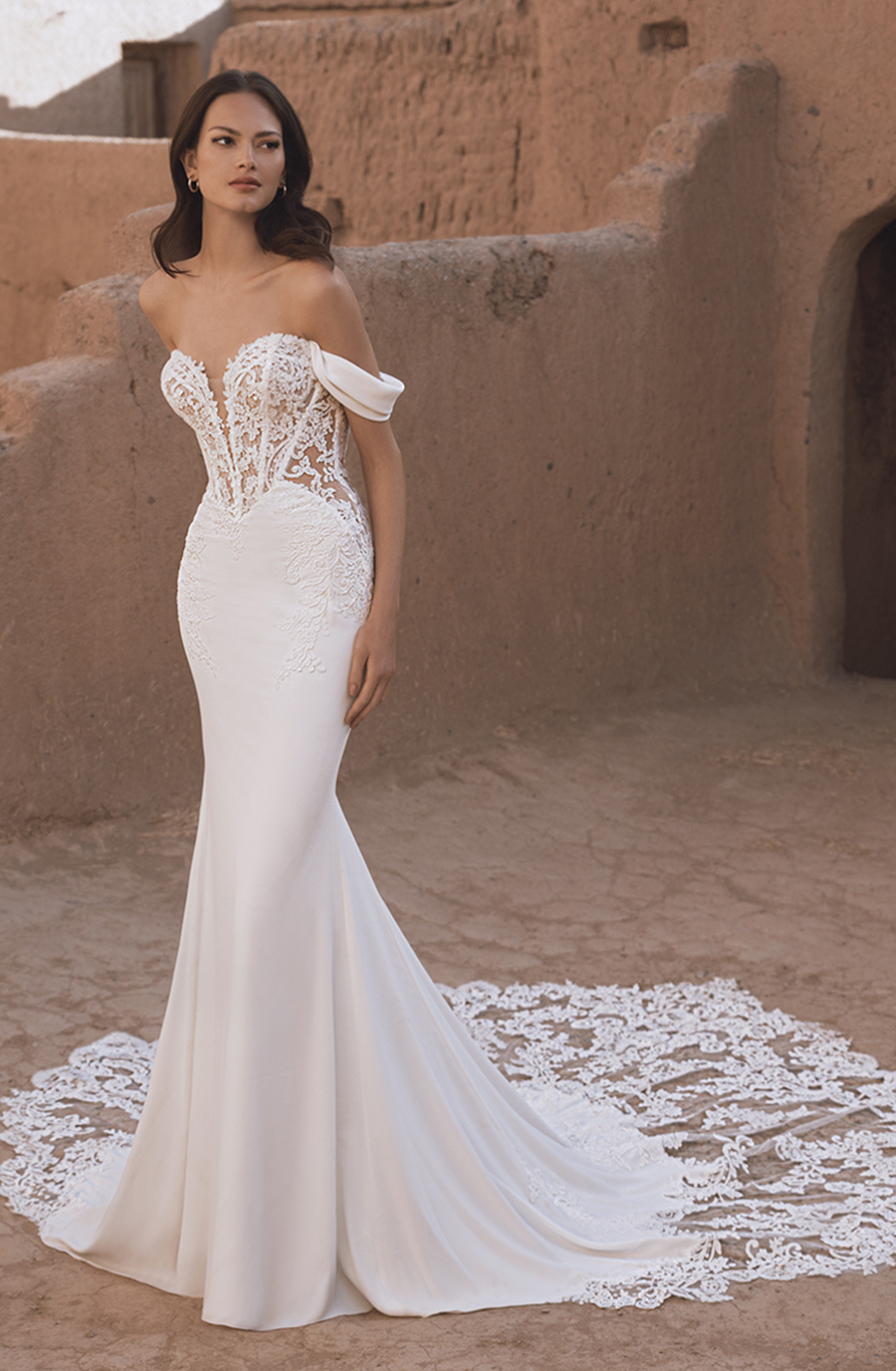 A woman in a strapless, white lace wedding gown with a long train stands against a rustic, earthen backdrop, conveying elegance and serenity.