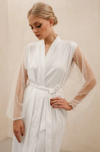 Harper Blue Pearl Sleeve Bridal Robe Thread ML-02 Modern Script #0 default Ivory thumbnail